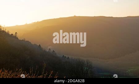 Nel tardo pomeriggio autunno nebbiosa silhouette di colline paesaggio nel mese di novembre Tramonto d'oro a Llanwrda Carmarthenshire Galles occidentale Regno Unito KATHY DEWITT Foto Stock