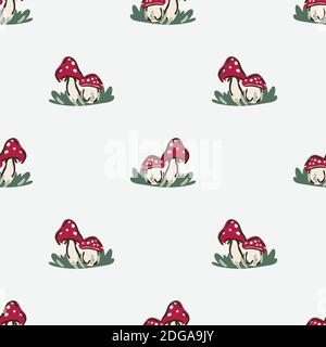 Cute sesso neutro topadstool modello vettoriale. Funghi fly agarico arredamento casa cartone animato fungo. Micologia velenosa boho senza cuciture su tutta la stampa. Illustrazione Vettoriale