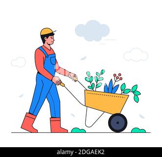 Uomo giardinaggio - moderno disegno piatto stile illustrazione con elementi di linea. Una composizione colorata con un ragazzo sorridente, giardiniere in una tuta con un whe Illustrazione Vettoriale