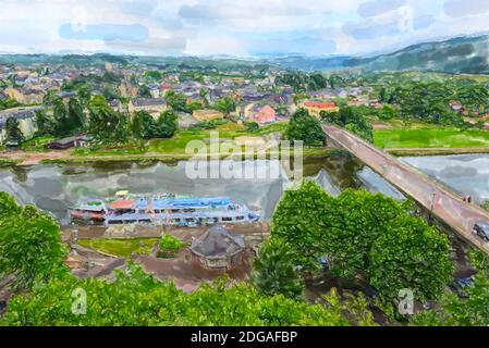 Illustrazione acquerello della città di Saarburg in Renania-Palatinato e vigneti circostanti. Germania. Foto Stock
