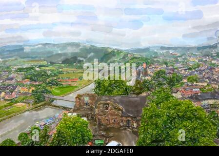 Illustrazione acquerello della città di Saarburg in Renania-Palatinato e vigneti circostanti. Germania. Foto Stock