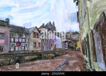 Illustrazione acquerello del paesaggio urbano di Saarburg in Renania-Palatinato. Germania. Foto Stock