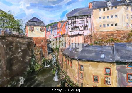 Illustrazione acquerello del paesaggio urbano di Saarburg in Renania-Palatinato. Germania. Foto Stock
