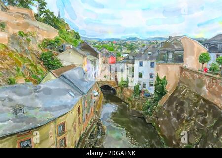 Illustrazione acquerello del paesaggio urbano di Saarburg in Renania-Palatinato. Germania. Foto Stock