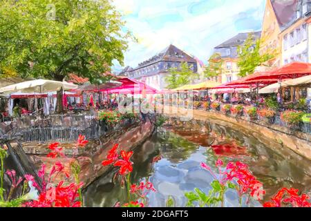 Illustrazione acquerello del paesaggio urbano di Saarburg in Renania-Palatinato. Germania. Bar e ristoranti lungo il torrente Leukbach. Foto Stock