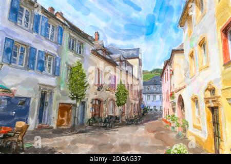 Illustrazione acquerello del paesaggio urbano di Saarburg in Renania-Palatinato. Germania. Foto Stock