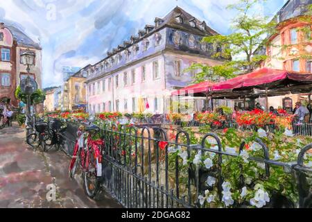 Illustrazione acquerello del paesaggio urbano di Saarburg in Renania-Palatinato. Germania. Bar e ristoranti lungo il torrente Leukbach. Foto Stock