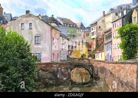 Illustrazione acquerello del paesaggio urbano di Saarburg in Renania-Palatinato. Germania. Foto Stock