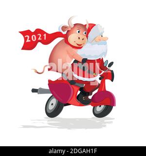 Babbo Natale e divertente toro cavalcano uno scooter rosso Illustrazione Vettoriale