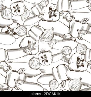 Motivo senza cuciture con melanzane, pepe rosso e cipolla in stile vintage Illustrazione Vettoriale