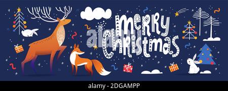 Allegro poster di Natale in stile scandinava Scandic con animali carini. Illustrazione Vettoriale