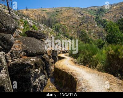 PR10 sei percorso a piedi a lato di un canale d'acqua che separa la foresta di pini sottostante e la montagna rocciosa sopra a Serra da Estrela, Portogallo Foto Stock