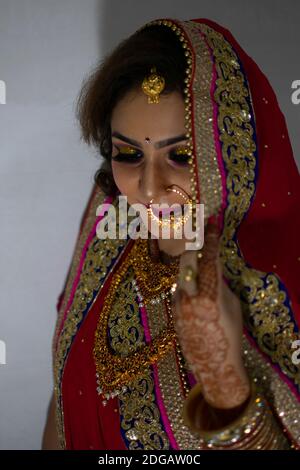 Una bella ragazza indiana in abito da sposa con saree rosse e ornamenti d'oro Foto Stock