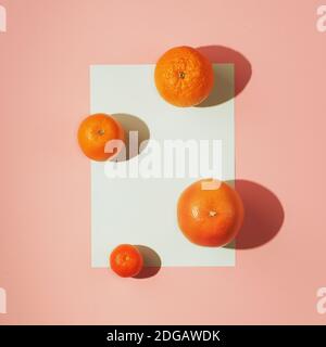 Layout creativo fatto di agrumi e ombre dure su sfondo pastello. Concetto minimo di frutta. Disposizione piatta. Foto Stock