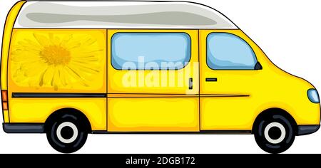 Furgone giallo con foto di fiore giallo di primavera. Isolato su sfondo bianco. Illustrazione. Illustrazione Vettoriale