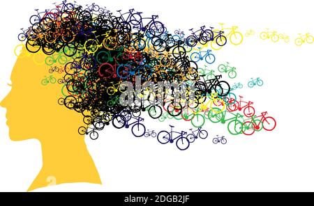 Silhouette del viso di una ragazza con capelli fatti di piccole biciclette isolate su sfondo bianco. Acconciatura creata da biciclette colorate. Illus vettoriale Illustrazione Vettoriale