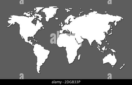 Vettore mappa mondiale, isolato su sfondo grigio. Terra piatta, modello di mappa grigia per il modello di sito web, rapporto annuale, infografiche. Mondo simile Illustrazione Vettoriale