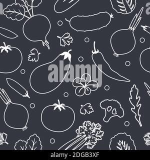 Verdure senza cuciture. Grafico lineare. Verdure sfondo. Modello di cibo sano. Illustrazione Vettoriale
