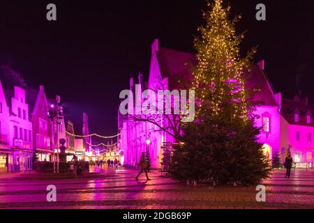 Haltern am See, NRW, Germania. 8 dicembre 2020. Il vecchio municipio medievale e la piazza del mercato si illuminano in colori graziosi. Le luci colorate e le decorazioni sugli alberi portano un po' di spirito festivo alla piccola cittadina mercantile di Haltern, nella Renania Settentrionale-Vestfalia. Credit: Imageplotter/Alamy Live News Foto Stock