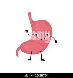 Felice sorridente simpatico organo stomaco carattere in uno stile piatto cartone animato. Illustrazione Vettoriale