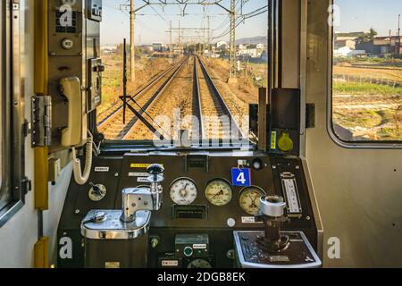 Empty Old Train Cabin, Osaka, Giappone Foto Stock