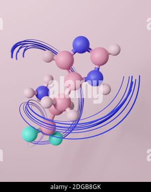 Molecola aminoacidica di istidina (l-istidina, His, H). Rendering 3D. Modello a sfera e bastone con atomi rappresentati da sfere codificate per colore: Ossigeno luce tu Foto Stock