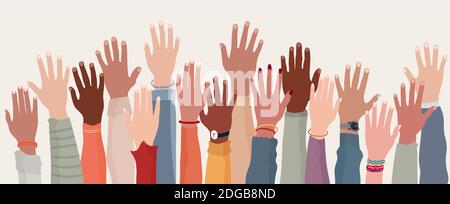 Gruppo ha alzato armi umane e mani. Diversità persone multietniche. Uguaglianza razziale. Uomini e donne di diverse culture e nazioni. Armonia di coesistenza. Illustrazione Vettoriale