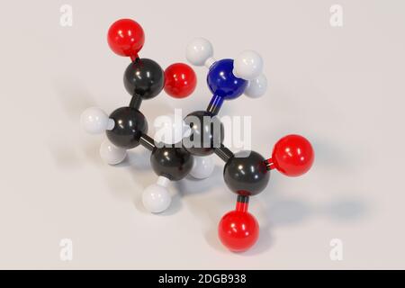 Acido glutammico (acido l-glutammico, Glu, e) amminoacido e molecola neurotrasmettitore. Rendering 3D. Gli atomi sono rappresentati come sfere con col convenzionale Foto Stock