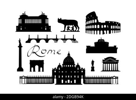 Set punto di riferimento per il viaggio a Roma. Icone di silhouette italiane famose località. Architettura, edificio, arco, monumento, brindge, scultura principale turistico turistico Illustrazione Vettoriale