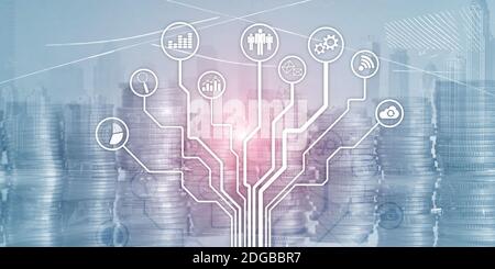 Tecnologia finanziaria di affari che usa il concetto di vita di libertà del Internet. Icone delle applicazioni su sfondo sfocato. Icone interfaccia linea sottile Foto Stock