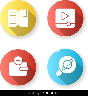 Set di icone glifo a ombre lunghe per il design piatto dell'interfaccia mobile Illustrazione Vettoriale