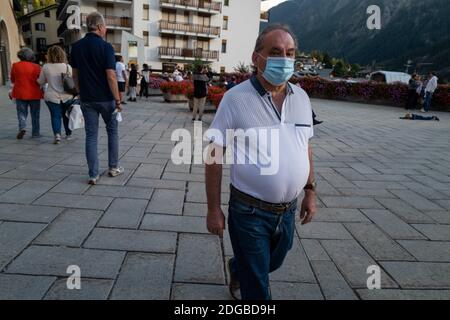 Italia durante la pandemia di Covid19, Courmayer, stazione sciistica nelle Alpi italiane durante l'estate covid Pandemic Foto Stock