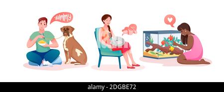 Personaggi proprietari di cartoni animati che nutrono, abbracciano e comunicano con cane, gatto, pappagallo e pesci, migliori amici animali isolati su bianco. La gente ama e. Illustrazione Vettoriale