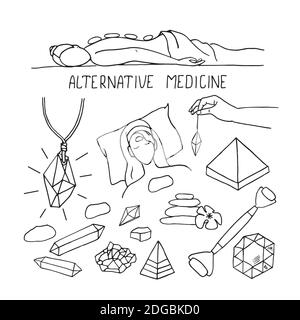 Una serie di doodles sul tema della medicina alternativa. Disegno a mano. Illustrazione Vettoriale