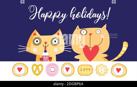 Carta vacanza con gatti divertenti su sfondo blu Illustrazione Vettoriale