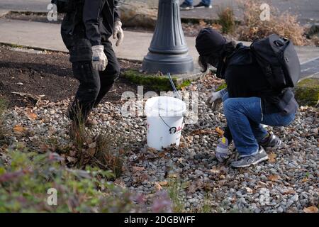 Portland, Stati Uniti. 8 dicembre 2020. I manifestanti raccolgono pietre intorno alla Casa Rossa in Mississippi Street a Portland, Ore., l'8 dicembre 2020, dopo che la polizia non è riuscita a sradicarsi i residenti dalla proprietà. Gli attivisti si sono accampati fuori dalla casa da settembre sperando di mantenere la famiglia nera e indigena che vivono lì ospitato dopo che un giudice della contea di Multnomah ha autorizzato lo sfratto. (Foto di Alex Milan Tracy/Sipa USA) Credit: Sipa USA/Alamy Live News Foto Stock