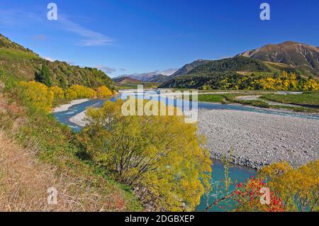 Maruia River in autunno dalla Autostrada statale 7, Lewis Pass, regione di Canterbury, Isola del Sud, Nuova Zelanda Foto Stock