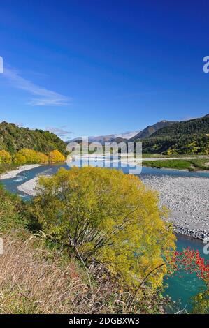 Maruia River in autunno dalla Autostrada statale 7, Lewis Pass, regione di Canterbury, Isola del Sud, Nuova Zelanda Foto Stock