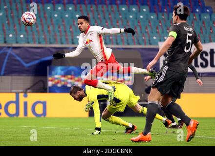 Justin Kluivert di Lipsia segna il terzo gol della partita durante la partita della Champions League alla Red Bull Arena di Lipsia, in Germania. Foto Stock