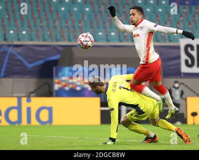 Justin Kluivert di Lipsia segna il terzo gol della partita durante la partita della Champions League alla Red Bull Arena di Lipsia, in Germania. Foto Stock