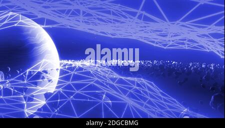 Astratto pianeta Saturno primo piano con anello di asteroidi. Stilizzazione dello spazio, illustrazione 3d Foto Stock
