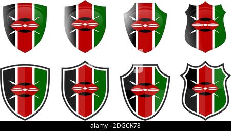 Bandiera Kenya verticale a forma di scudo, quattro versioni 3d e semplici. Icona / segno keniota Illustrazione Vettoriale