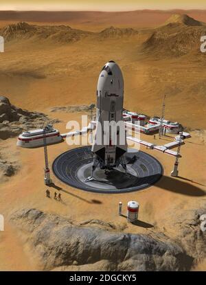 Base di insediamento umano sul pianeta Marte con un razzo lancio pad e una vista sul pianeta rosso, rendering 3d. Foto Stock