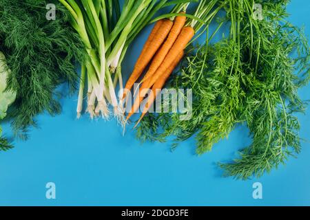 Verdure fresche raccolte su sfondo blu. Foto Stock