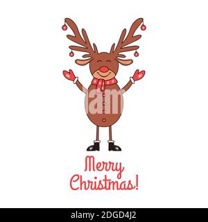 Biglietto d'auguri di Natale con carino Deer su sfondo bianco. Illustrazione Vettoriale