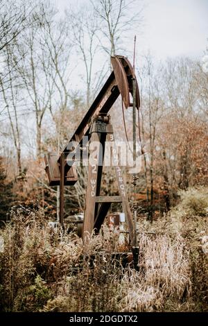 Vecchio impianto petrolifero arrugginito ad Allegheny National Forest, Pennsylvania Foto Stock