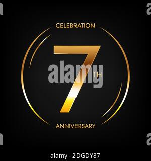 7° anniversario. Banner festeggiamenti di sette anni di compleanno in colore dorato brillante. Logo circolare con elegante design numerico. Illustrazione Vettoriale