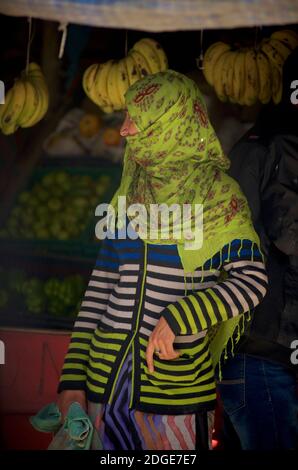 Donna in tessuto dalla zona prevalentemente musulmana di Kargil Ladakh, shopping in un negozio di villaggio alla periferia di Kargil, Jammu e Kashmir, in Foto Stock