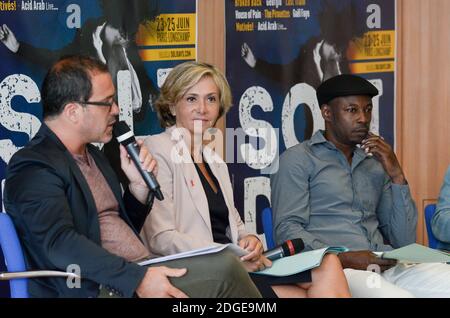 Luc Barruet, Valerie Pecresse, Mc Solaar lors de la conference de presse du 19eme festival Solidays, Parigi, Francia, le 8 juin 2017. Foto Vincent Gramain/ABACAPRESS.COM Foto Stock