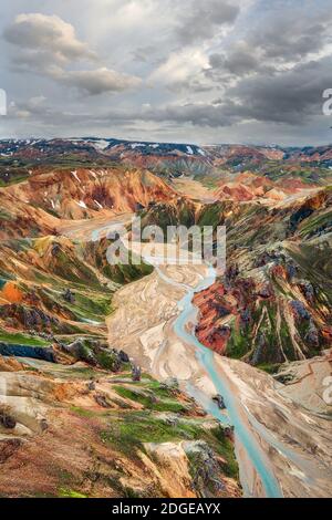 Highlands nel sud dell'Islanda, prese nell'agosto 2020, dopo essere state trattate utilizzando il bracketing dell'esposizione Foto Stock